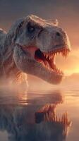 Dinosaur emerges from misty lake at sunset, showcasing powerful presence in prehistoric landscape atmosphere photo