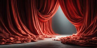 Dramatic red curtains parting to reveal a bright light in a theater setting during an evening performance photo