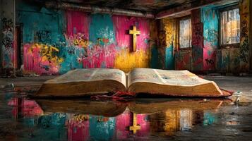 Open book resting on wet floor in vibrant urban space with colorful graffiti on walls photo