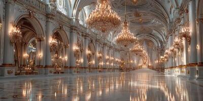 Luxurious palace interior with ornate chandeliers and reflective marble floor in the evening light photo
