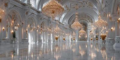 Extravagant hall adorned with crystal chandeliers and ornate decorations in a historic palace during daylight hours photo