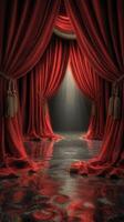 Red velvet curtains frame a mysterious stage illuminated by soft light in an elegant theater setting photo