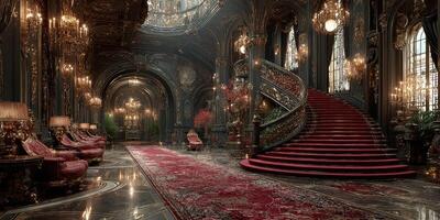 Luxurious grand hall featuring ornate decorations, intricate chandeliers, and a sweeping staircase in opulent mansion photo