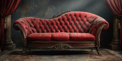 Elegant vintage red tufted sofa displayed in an atmospheric interior environment with warm lighting photo