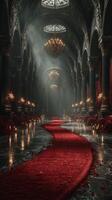 Elegant red carpet leading to an ornate hall with stunning chandeliers and soft light in a lavish setting photo