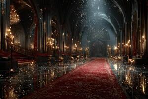 Luxurious castle hall adorned with chandeliers, rich carpets, and soft lighting creates an enchanting atmosphere photo
