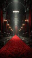 Elegant red carpet leads to dimly lit hallway with ornate chandeliers and grand architecture photo