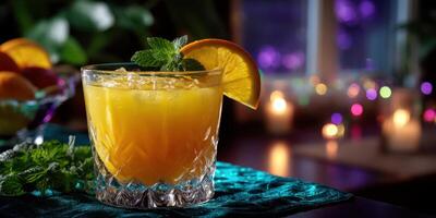 Bright citrus cocktail served in a glass with garnishes on a vibrant table setting at a cozy evening gathering photo