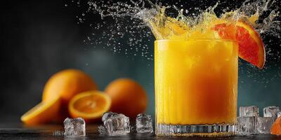 Fresh orange juice splashes in a glass with ice cubes and oranges in the background during a summer gathering photo