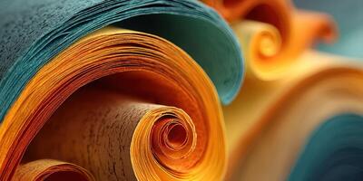 Colorful rolled paper creates an artistic display showcasing vibrant hues and textures in a creative workspace photo