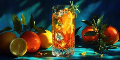 Refreshing orange iced tea drink with citrus fruits and herbs on a vibrant blue background photo