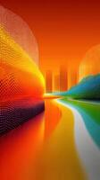 Colorful abstract cityscape with vibrant hues and a reflective pathway under a warm sunset photo