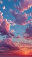 Beautiful sunset over the horizon with vibrant pink and orange clouds reflecting in the sky photo