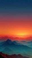 Vibrant sunset over layered mountains reveals serene twilight sky and distant peaks reflecting warm light photo