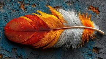 Vibrant feather displaying bright orange, white, and gray hues against a textured blue background photo