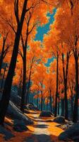 Autumn forest path lined with vibrant orange trees in a tranquil landscape during daylight hours photo