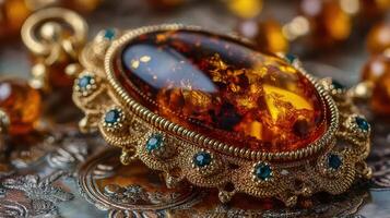 Unique amber pendant with intricate gold detailing displayed alongside matching amber beads photo