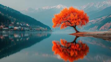 Vibrant orange tree reflecting in a calm lake surrounded by mountains during autumn sunset photo