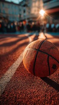 Basketball rests on the court during a vibrant sunset with spectators in the background enjoying the game photo