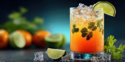 Colorful citrus cocktail garnished with fresh herbs on a dark background with ice and fruits photo