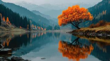 Vibrant autumn tree reflects in tranquil lake surrounded by mountains at dusk photo