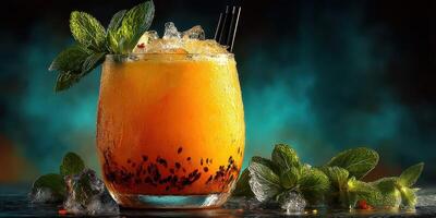 Refreshing tropical cocktail with ice and mint served in a glass at a vibrant bar setting photo