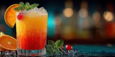 Colorful cocktail garnished with mint and fruit on a bar countertop during evening hours photo
