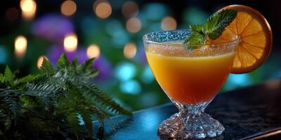 Refreshing cocktail served in an elegant glass garnished with mint and orange slice during a nighttime gathering photo