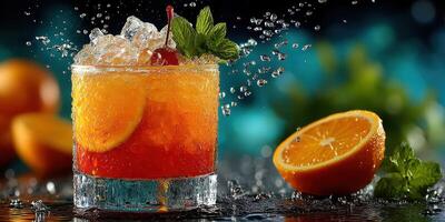 Refreshing cocktail garnished with mint and orange slices served on a bar table during a summer evening photo