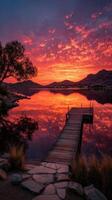 Vibrant sunset over tranquil lake with wooden dock amidst serene landscape in early evening photo