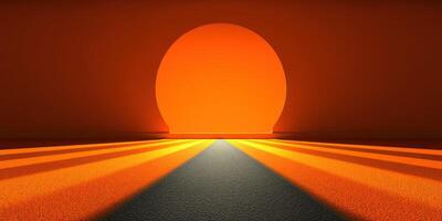 Bright sunset casts warm orange glow over horizon with long shadows stretching across the ground photo