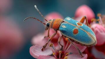 Colorful beetle interacting with pink flowers in a vibrant garden during spring photo