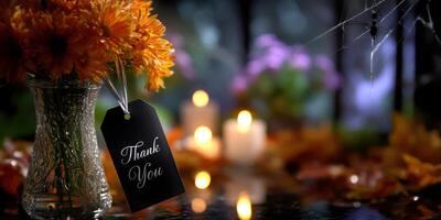 Warm autumn arrangement with flowers and candles expressing gratitude in a cozy setting photo