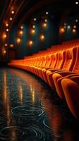 Vibrant orange theater seats arranged in an elegant setting with soft lighting reflecting on a glossy floor photo