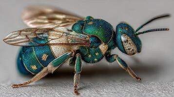 Vibrant teal insect showcasing intricate textures captured up close under natural light photo