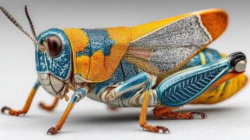 Colorful grasshopper showcasing intricate patterns and vibrant hues in close-up view photo