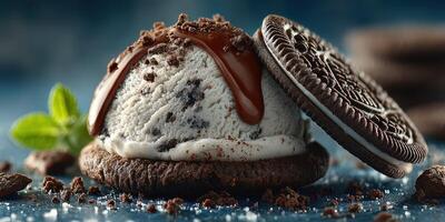 Delicious dessert featuring cookies and cream ice cream topped with chocolate sauce and crushed cookies on a blue background photo