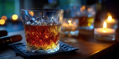 Warm evening with a glass of whiskey, relaxing ambiance created by candlelight and soft reflections on wood photo