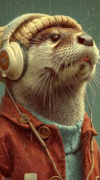 Otter wearing headphones and a cozy sweater enjoys rain while listening to music in a whimsical setting photo