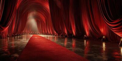 Grand entrance hall adorned with rich red drapes and a plush carpet in an elegant venue photo