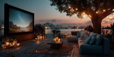 Outdoor movie night by the lakeside featuring cozy seating and twinkling string lights at dusk photo