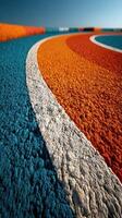 Vibrant colored lines create a striking view of a coastal promenade under a clear blue sky photo