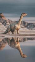 Dinosaur stands majestically beside a calm body of water in a prehistoric landscape during late afternoon light photo