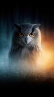 Majestic owl with striking orange eyes surrounded by mystical fog in a dark setting photo