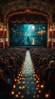 Crowded theater experiences dramatic film scene during evening showing with soft candlelight path photo