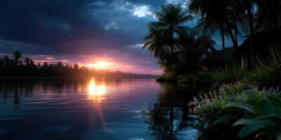 Sunset over tranquil lake surrounded by palm trees and lush vegetation in a calm evening atmosphere photo