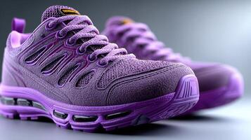 Purple athletic shoes designed for comfort and performance during sports activities or casual wear photo