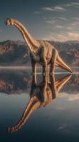 Large dinosaur stands peacefully by a calm lake reflecting mountains at dusk while clouds drift gently above photo