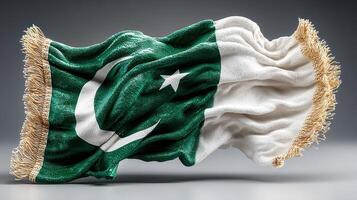Waving Pakistan flag showcasing vibrant green and white colors with intricate details in a textured design photo