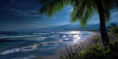 Tranquil coastal view at night with shimmering waves and illuminated palm trees in a serene landscape photo